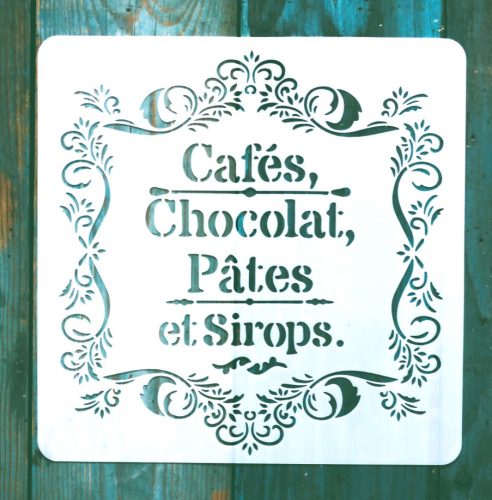 Cafes, Chocolat feliratú vintage  műanyag Sablon 20x20 cm-es DIY stencil
