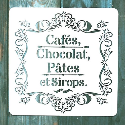 Cafes, Chocolat feliratú vintage  műanyag Sablon 20x20 cm-es DIY stencil