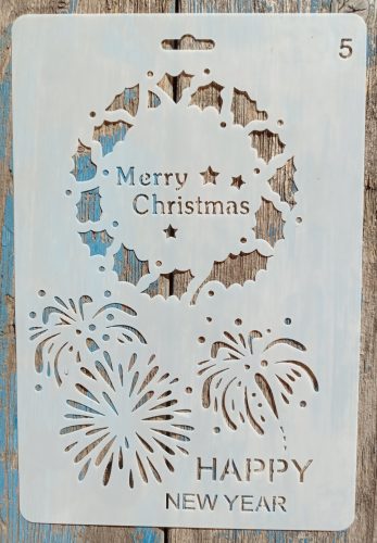 Merry Christmas/happy newyear stencil sablon 26x17cm-es