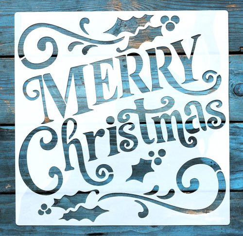 Karácsonyi feliratos 30x30 cm-es műanyag festősablon DIY stencil falra, bútorra