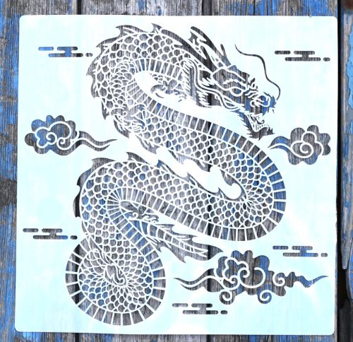 Kínai sárkány mintás műanyag sablon 30x30 cm-es festő DIY stencil falra, bútorra