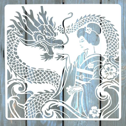 Kínai sárkány mintás DIY festő sablon   műanyag stencil  30x30 cm-es