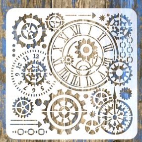    Steampunk fogaskerék, óra mintás műanyag sablon 30x30 cm-es DIY festő stencil