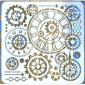    Steampunk fogaskerék, óra mintás műanyag sablon 30x30 cm-es DIY festő stencil