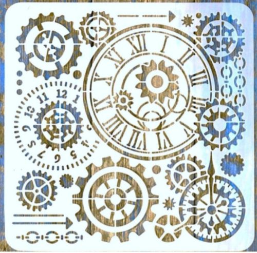  Steampunk fogaskerék, óra mintás műanyag sablon 30x30 cm-es DIY festő stencil