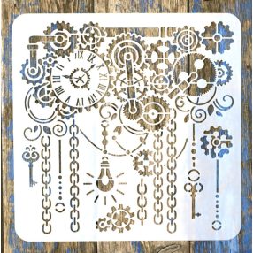    SteamPunk, fogaskerék, óra lánc mintás műanyag sablon, DIY stencil , 30x30 cm-es 