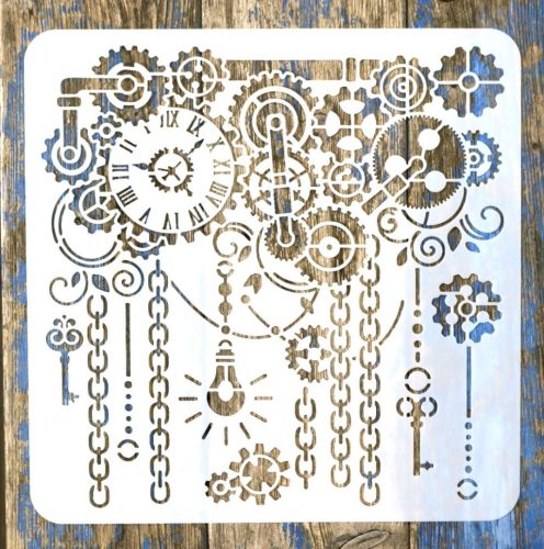 SteamPunk, fogaskerék, óra lánc mintás műanyag sablon, DIY stencil , 30x30 cm-es 