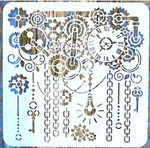  SteamPunk, fogaskerék, óra lánc mintás műanyag sablon, DIY stencil , 30x30 cm-es 