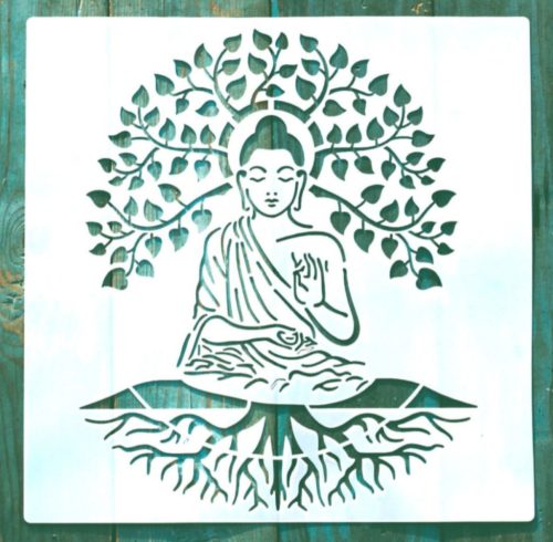 Keleti stílusú műanyag sablon, Buddha DIY stencil 30x30 cm-es 