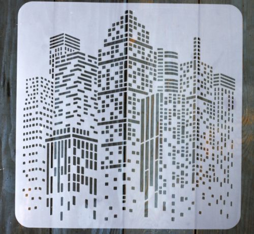 felhőkarcoló, metropolisz mintás  műanyag sablon, 30x30 cm-es DIY festő stencil