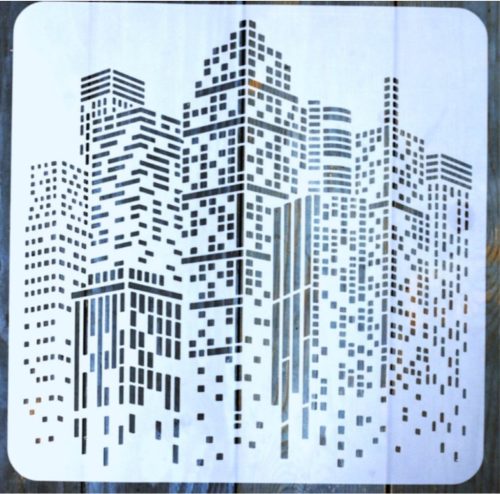 felhőkarcoló, metropolisz mintás  műanyag sablon, 30x30 cm-es DIY festő stencil