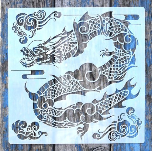 Kínai sárkány mintás műanyag sablon, 30x30 cm-es DIY festő stencil 