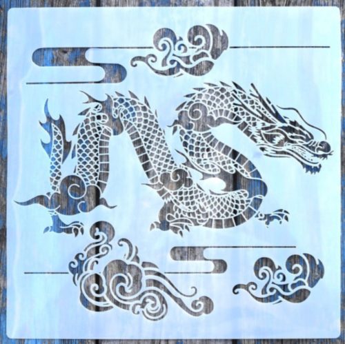 Kínai sárkány mintás műanyag sablon, 30x30 cm-es DIY festő stencil 