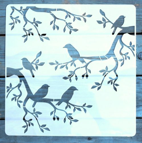  faág és kismadár mintás műanyag sablon, 30x30 cm-es DIY festő stencil 