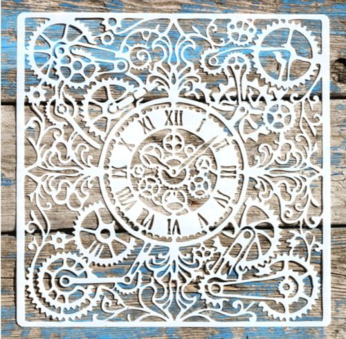steampunk, óra  mintás műanyag festő sablon, 30x30 cm-es DIY stencil 
