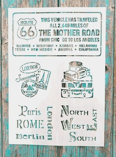  Route 66 bőröndös  DIY sablon A4 21x30 cm műanyag stencil