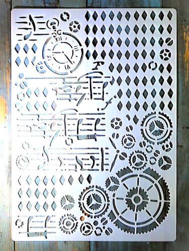 Óra, idő témájú vintage  A4 méretű műanyag sablon 21x30cm-es DIY stencil
