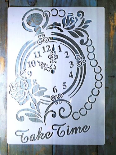Óra, idő témájú vintage A4 méretű  műanyag sablon 21x30cm  DIY stencil