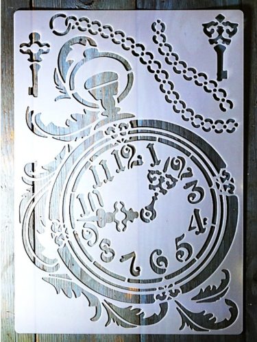 Óra, idő témájú vintage A4 méretű műanyag sablon 21x30cm  DIY stencil