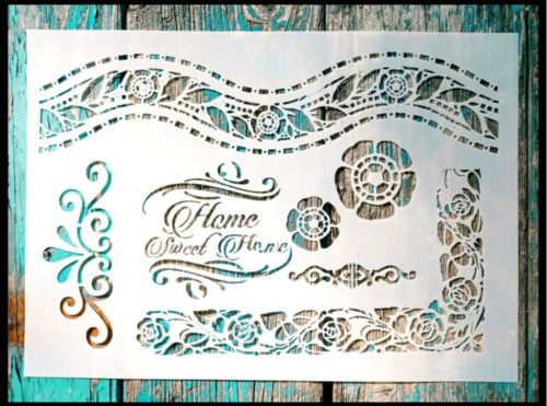  Home sweet home feliratú rózsàs vintage sablon 21x30 cm-es műanyag stencil