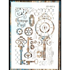   Kulcsos órás vintage rétegző sablon 21x30 cm-es műanyag DIY festő stencil