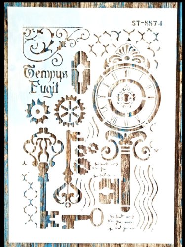 Kulcsos órás vintage rétegző sablon 21x30 cm-es műanyag DIY festő stencil