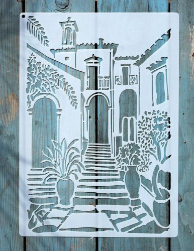 A4 méretű vintage utcakép sablon,  DIY stencil