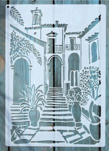 A4 méretű vintage utcakép sablon,  DIY stencil