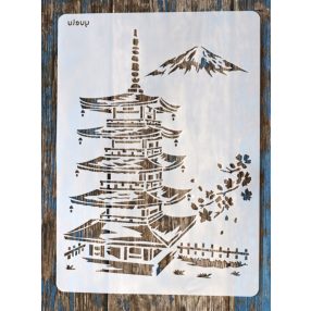   Japán Pagoda, épület műanyag rétegző  sablon , 21x30cm-es DIY  stencil
