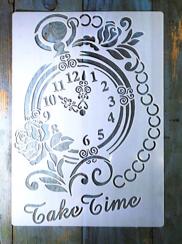 Óra, idő témájú vintage A4 méretű  műanyag sablon 21x30cm  DIY stencil
