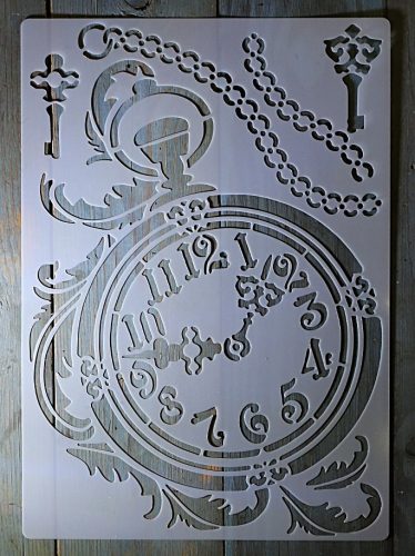 Óra, idő témájú vintage A4 méretű műanyag rétegző  sablon 21x30cm  DIY stencil