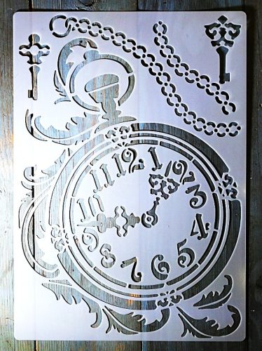 Óra, idő témájú vintage A4 méretű műanyag rétegző  sablon 21x30cm  DIY stencil