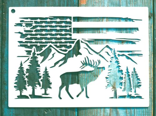 USA, amerikai zászló és szarvas mintás 13x18cm-es DIY stencil  műanyag festő sablon