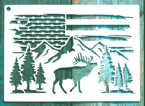 USA, amerikai zászló és szarvas mintás 13x18cm-es DIY stencil  műanyag festő sablon