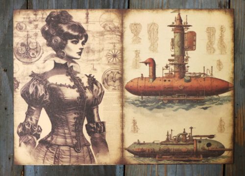 Steampunk  témájú papír háttérkép 15x21 cm,  A5 méret