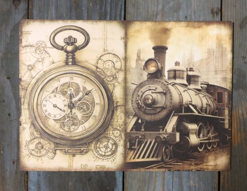 Steampunk  témájú papír háttérkép 15x21 cm,  A5 méret
