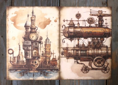 Steampunk témájú papír háttérkép 15x21 cm,  A5 méret