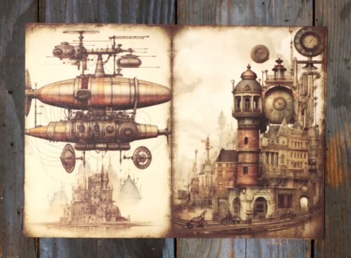 Steampunk  témájú papír háttérkép 15x21 cm,  A5 méret
