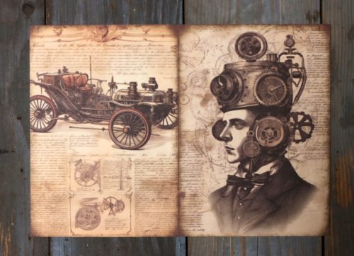 Steampunk témájú papír háttérkép 15x21 cm,  A5 méret