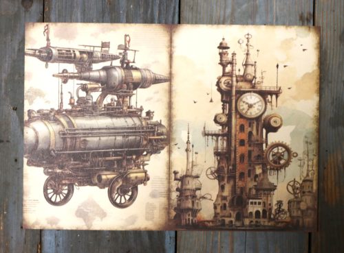 Steampunk témájú papír háttérkép 15x21 cm,  A5 méret