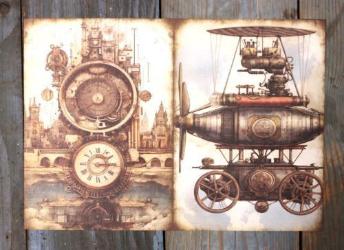 Steampunk témájú papír háttérkép 15x21 cm,  A5 méret