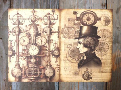 Steampunk témájú papír háttérkép 15x21 cm,  A5 méret