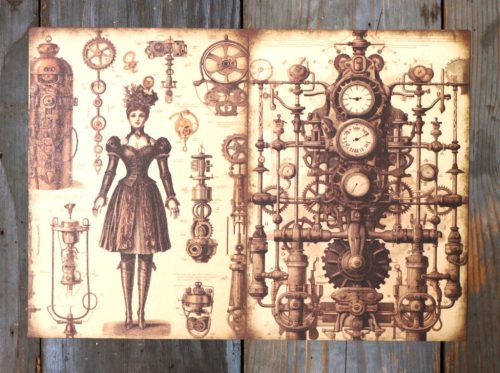 Steampunk témájú papír háttérkép 15x21 cm,  A5 méret