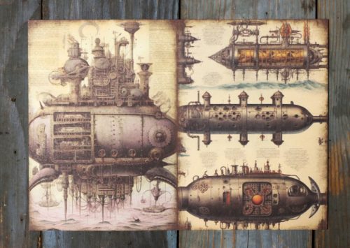 Steampunk témájú papír háttérkép 15x21 cm,  A5 méret