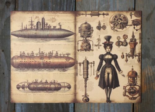 Steampunk témájú papír háttérkép 15x21 cm,  A5 méret